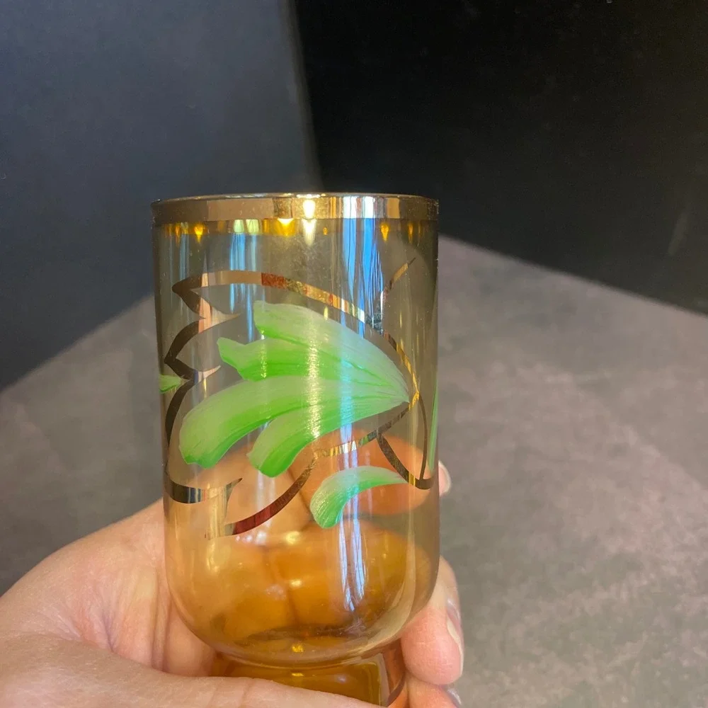 Amber Glass Red Flower‎ Decanter Green Leaf Glasses Vintage Barware Gold Trim